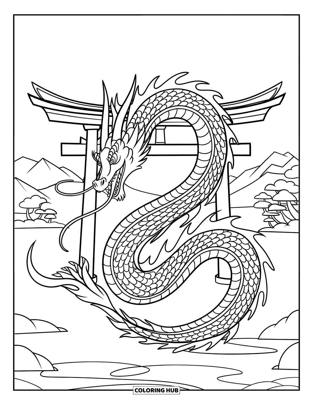Japan Coloring Page for Kids: A fierce dragon wraps around a torii gate, overlooking a tranquil mountain landscape
