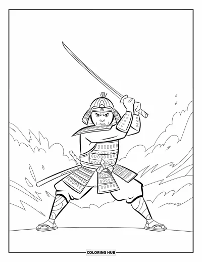 Coloriage Japon pour enfants : Un samouraï féroce en casque et en robe serre son katana, prêt au combat