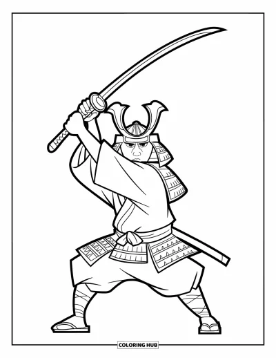 Coloriage Japon pour enfants : Un samouraï féroce se tient prêt au combat, empoignant un katana avec précision