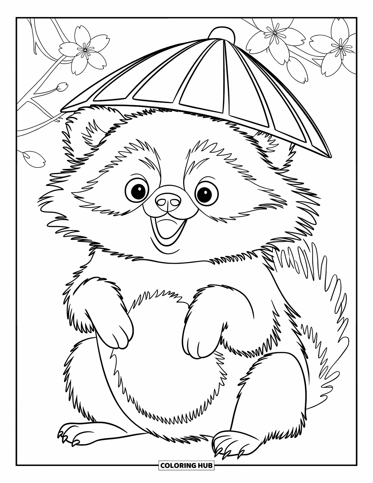 Japan Coloring Page for Kids: A fluffy tanuki with a round belly sits happily beneath cherry blossom trees