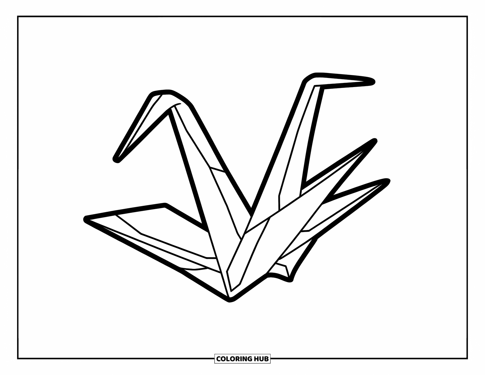 Japan Coloring Page for Kids: A folded origami crane floats gently in the air, its wings spread wide
