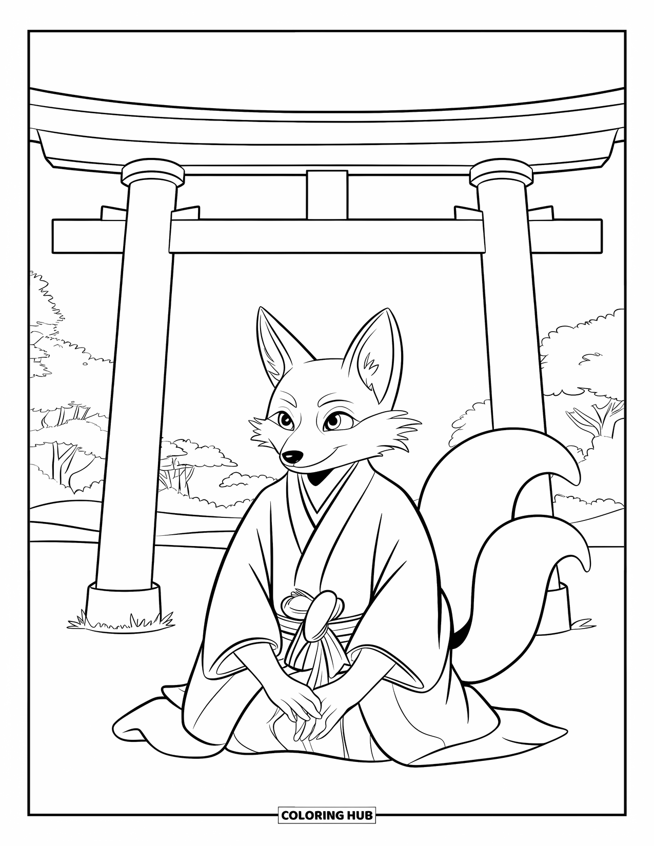 Japan Coloring Page for Kids: A fox spirit with flowing robes and nine tails stands by a traditional torii gate