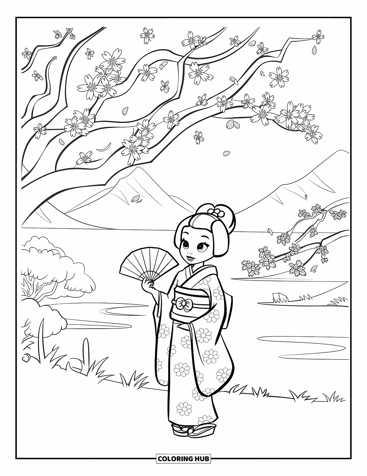 Japan Coloring Page for Kids: A girl in a kimono stands under a cherry blossom tree, holding a delicate fan