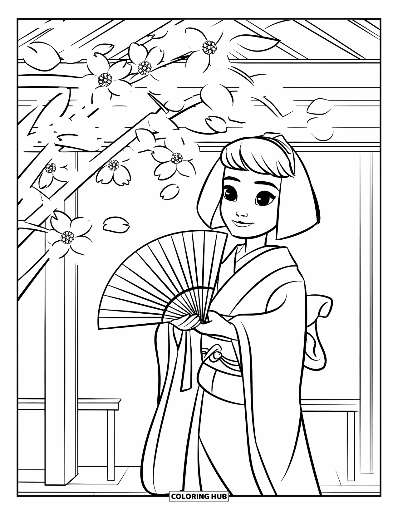 Japan Coloring Page for Kids: A girl in a patterned kimono holds a fan beneath a blooming sakura tree