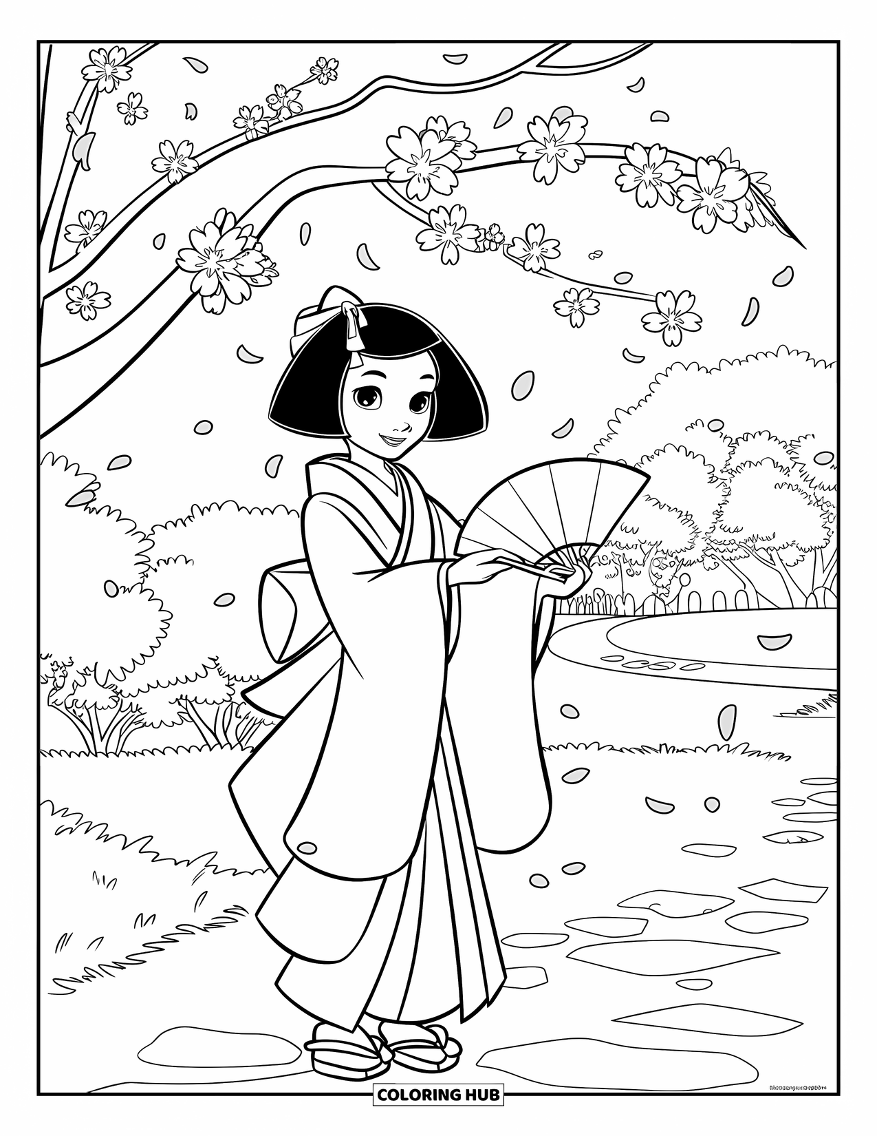 Japan Coloring Page for Kids: A girl with flowing hair and a fan stands under pink cherry blossoms in a serene park