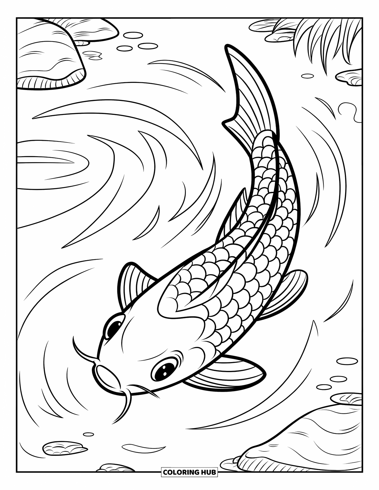 Japan Coloring Page for Kids: A graceful koi fish glides through a pond with swirling water patterns