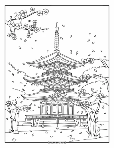 Coloriage Japon pour enfants : Une grande pagode se dresse, entourée de cerisiers en fleurs avec des pétales qui tombent