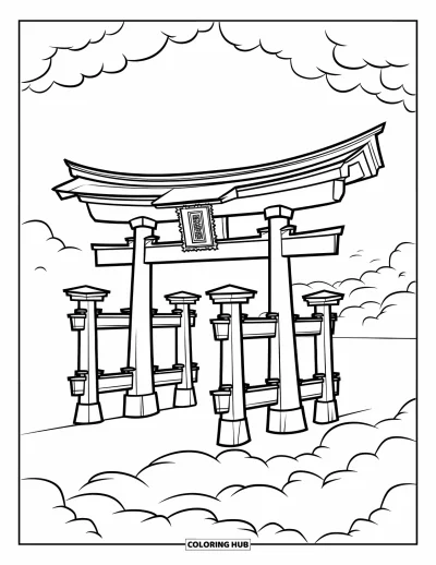 Coloriage Japon pour enfants : Un grand portail torii avec des piliers incurvés se dresse, entouré de nuages ​​doux