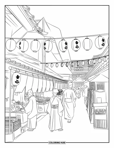 Coloriage Japon pour enfants : Un festival de rue japonais a des lanternes, des stands de nourriture et des gens en kimonos traditionnels
