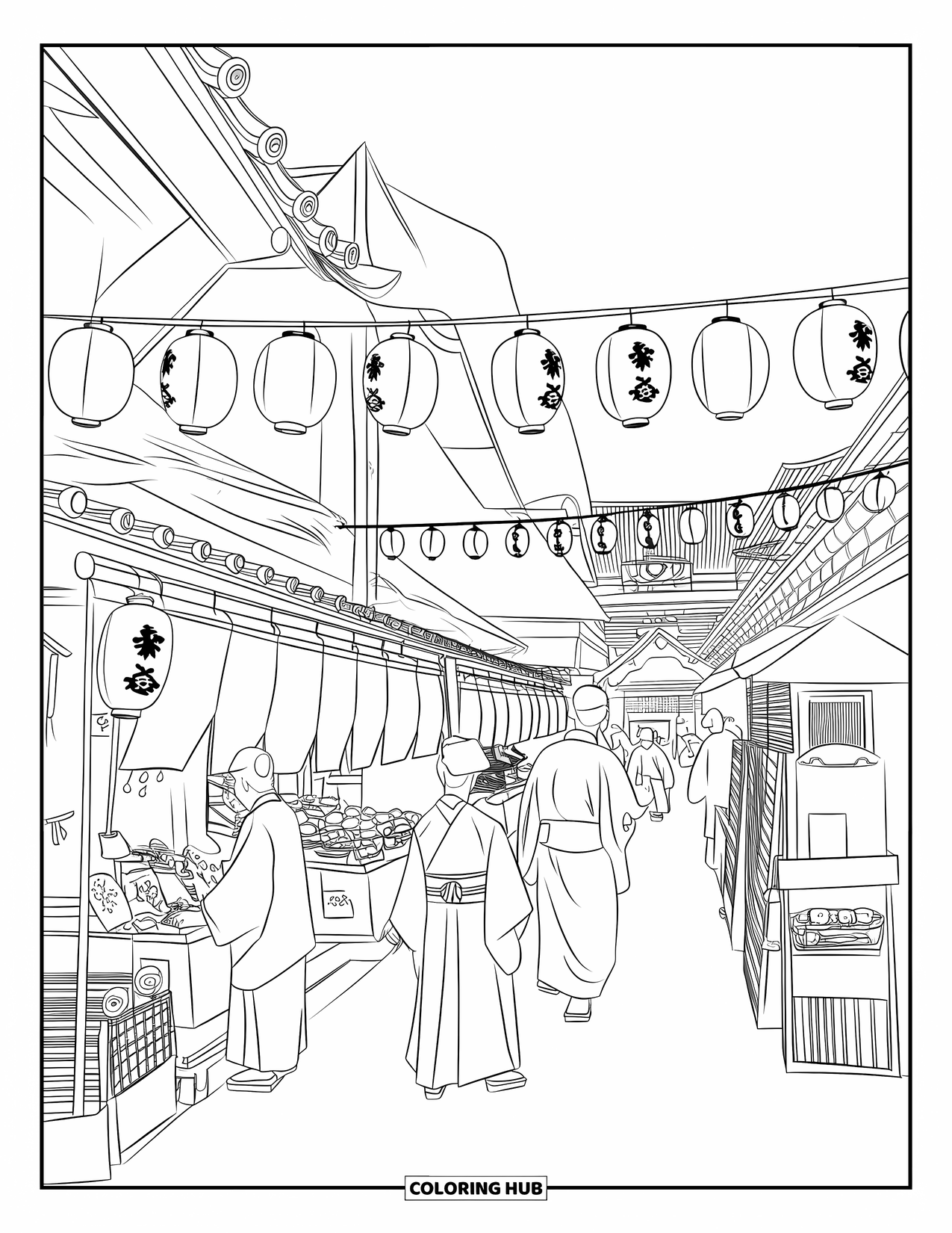 Japan Coloring Page for Kids: A Japanese street festival has lanterns, food stalls, and people in traditional kimonos