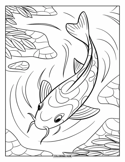 Coloriage Japon pour enfants : Une carpe koï avec des nageoires flottantes nage paisiblement dans un étang, ses écailles scintillantes