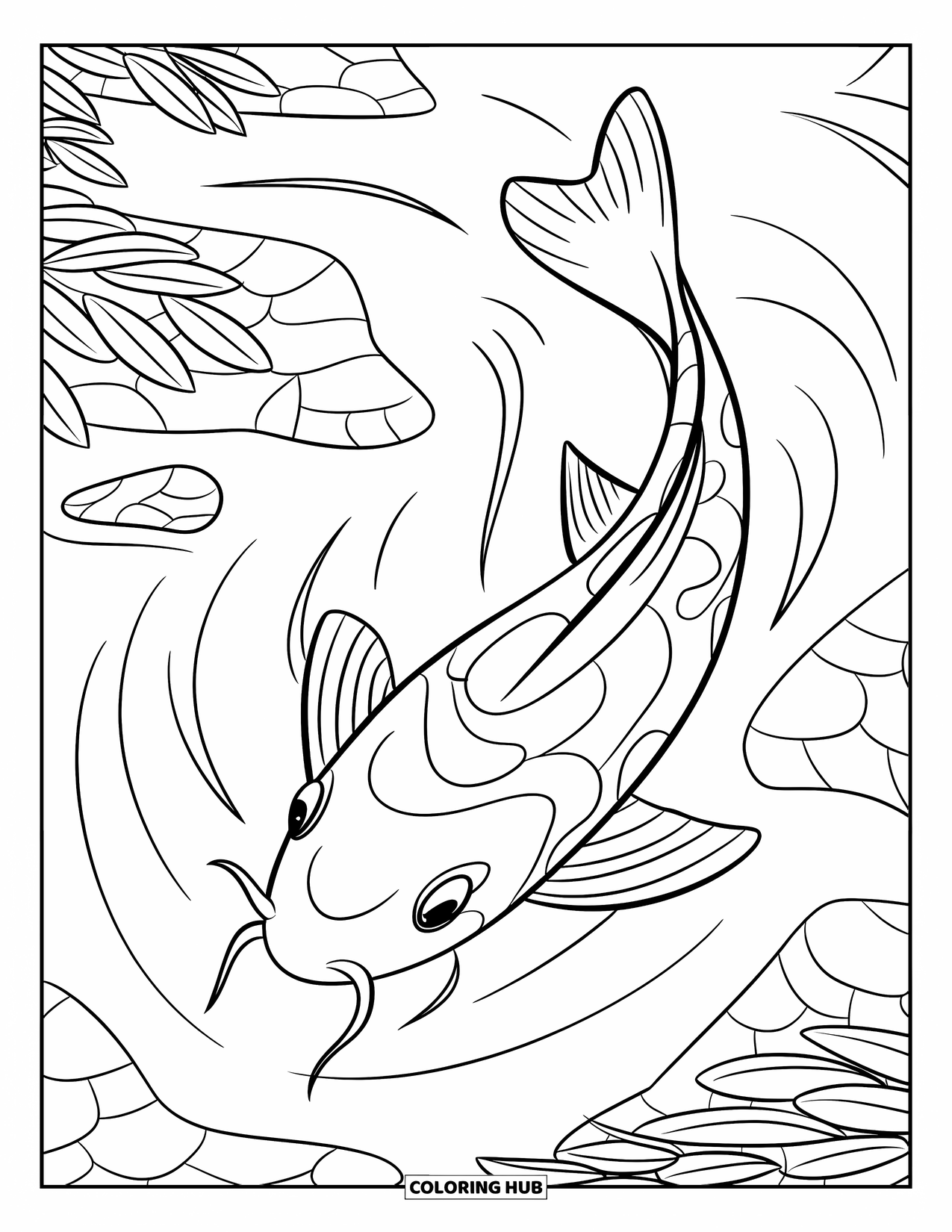 Japan Coloring Page for Kids: A koi fish with flowing fins swims peacefully in a pond, its scales shimmering