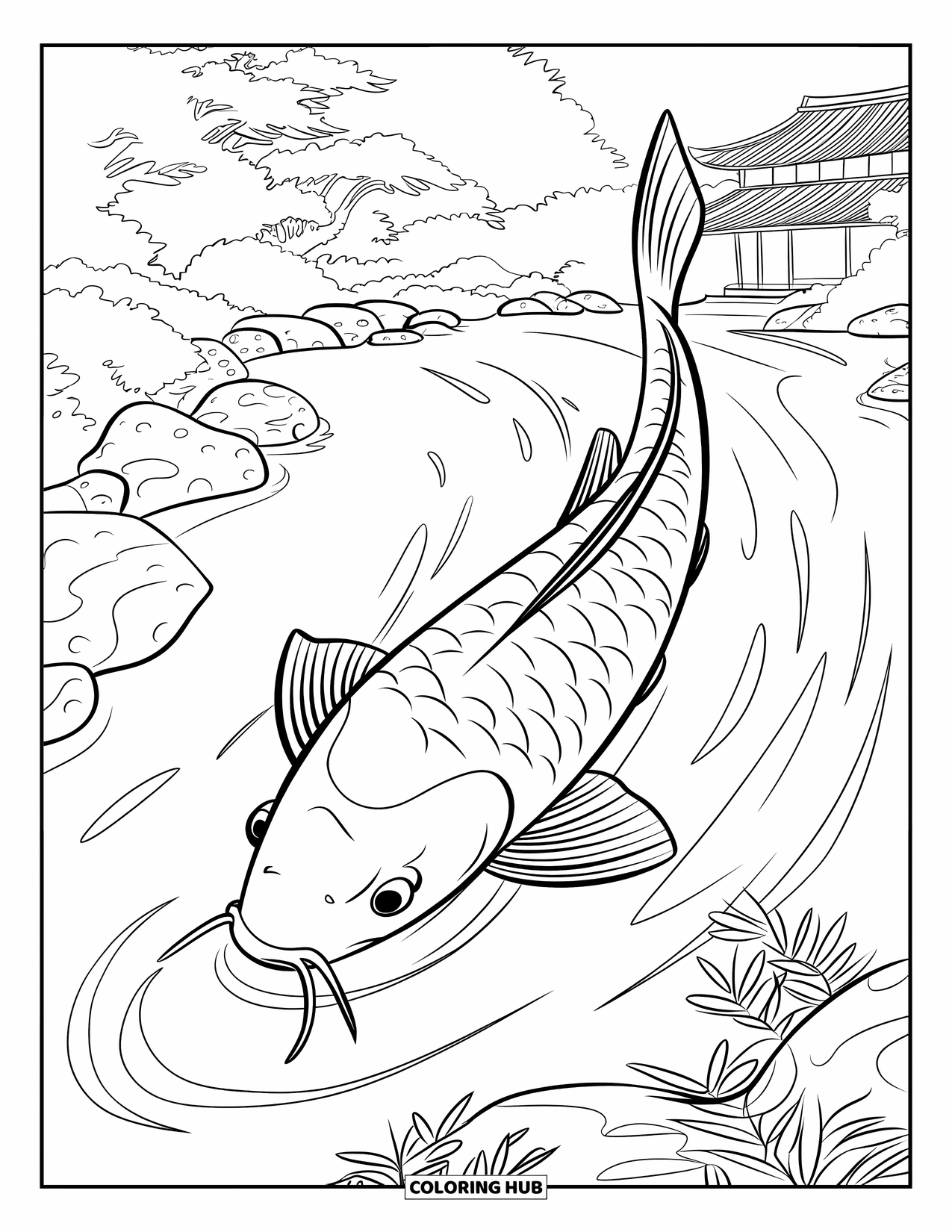 Japan Coloring Page for Kids: A large koi fish swims in a rippling pond, surrounded by water lilies