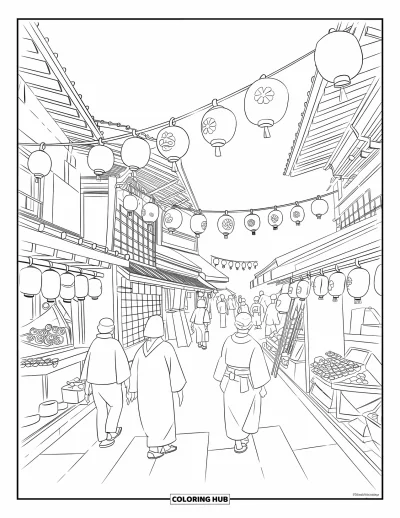 Coloriage Japon pour enfants : Une rue de festival animée est remplie d'étals de nourriture, de lanternes et de personnes en kimonos