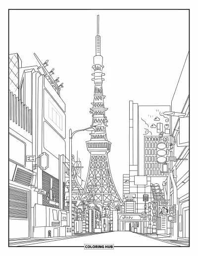 Coloriage Japon pour enfants : Un paysage urbain animé de Tokyo avec des enseignes lumineuses et des bâtiments imposants se dresse contre le ciel nocturne