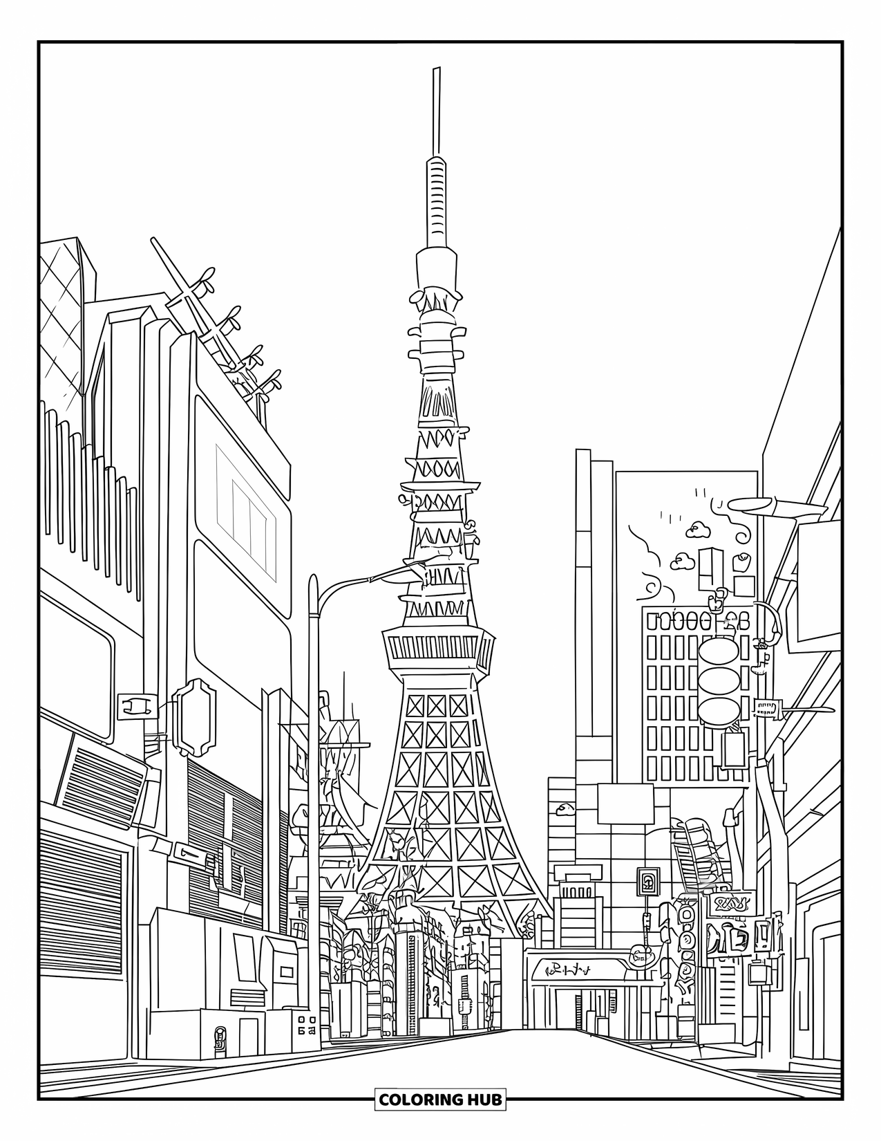 Japan Coloring Page for Kids: A lively Tokyo skyline with bright signs and towering buildings stands against the night sky