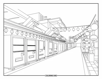 Coloriage Japon pour enfants : Une scène de rue animée de Tokyo comprend de petites boutiques, des distributeurs automatiques et des lanternes suspendues