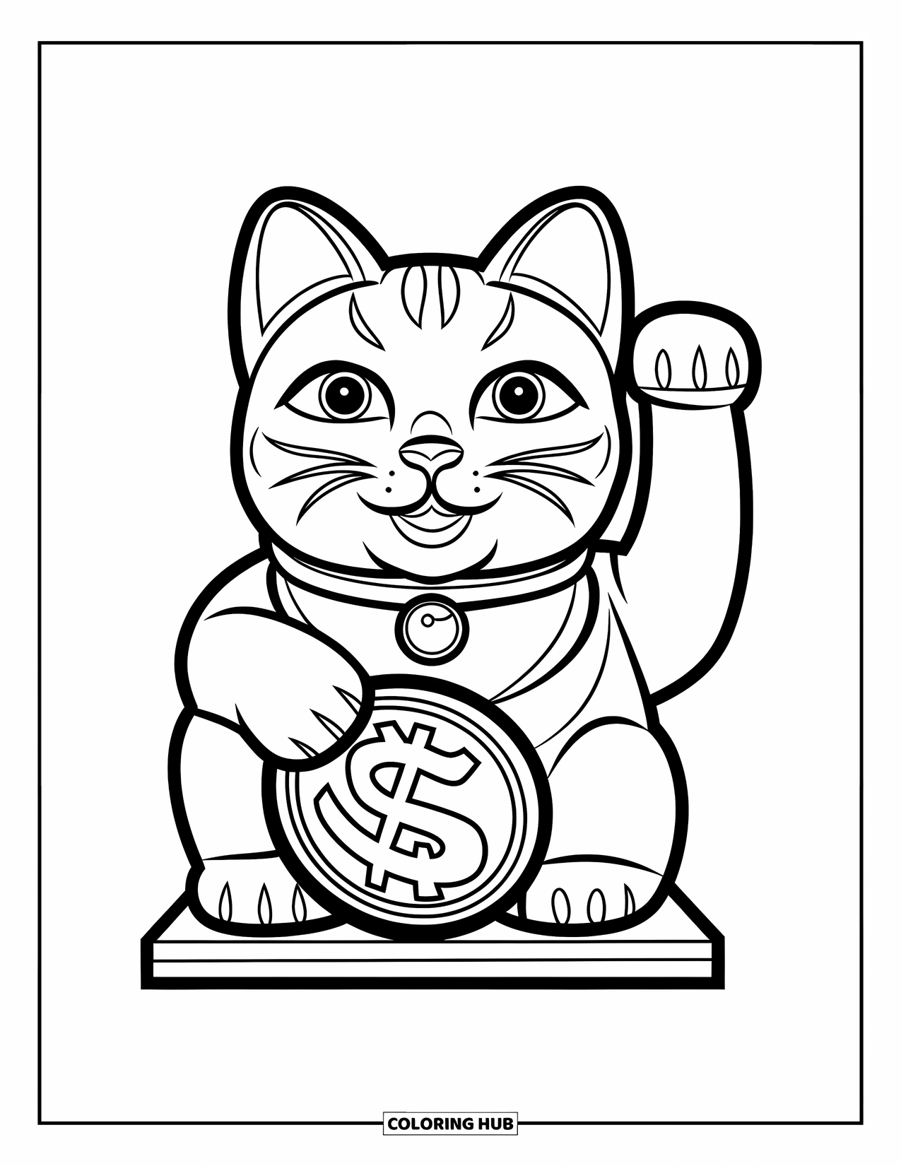 Japan Coloring Page for Kids: A lucky cat (Maneki Neko) raises its paw while holding a large coin