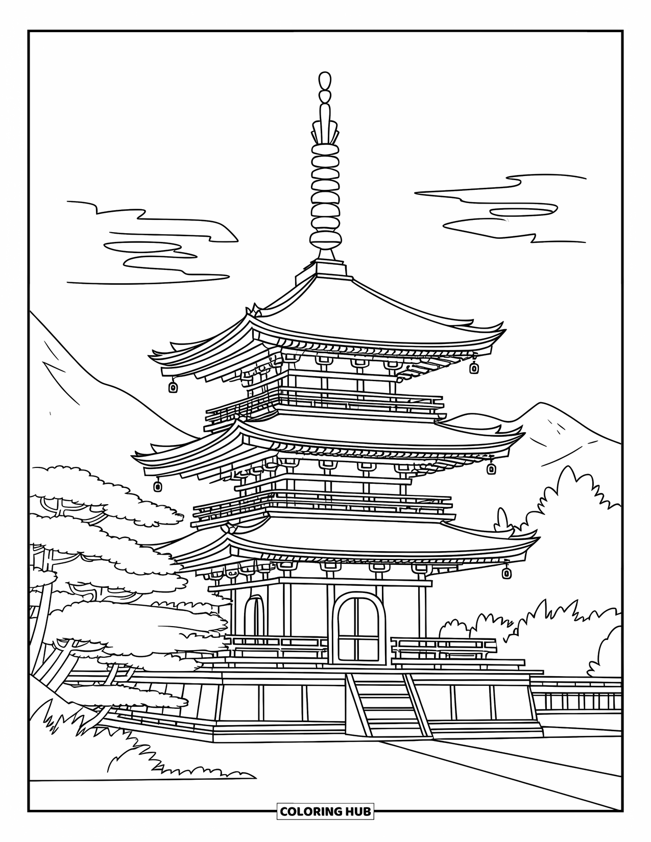Japan Coloring Page for Kids: A multi-tiered pagoda stands tall, surrounded by greenery and distant mountains