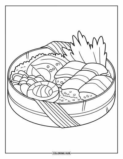 Coloriage Japon pour enfants : Une boîte à bento soigneusement emballée contient du riz, des sushis et des tempuras dans des compartiments séparés