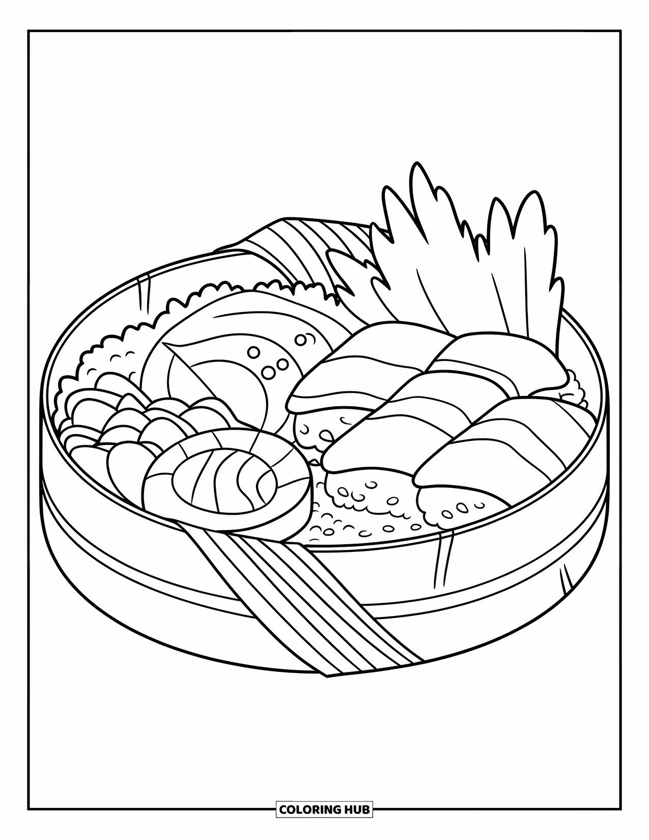 Japan Coloring Page for Kids: A neatly packed bento box features rice, sushi, and tempura in separate compartments