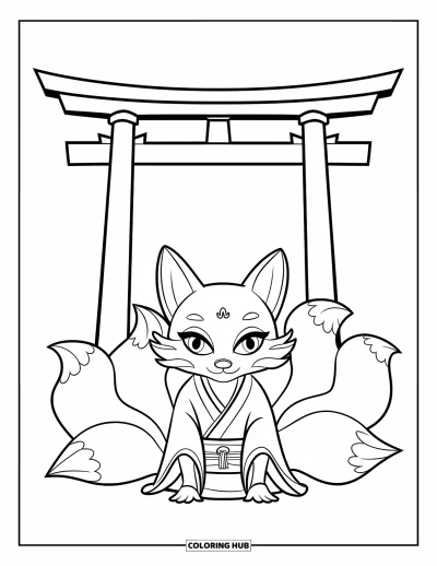 Coloriage Japon pour enfants : Un renard à neuf queues (kitsune) est assis près d'un portail torii, regardant au loin