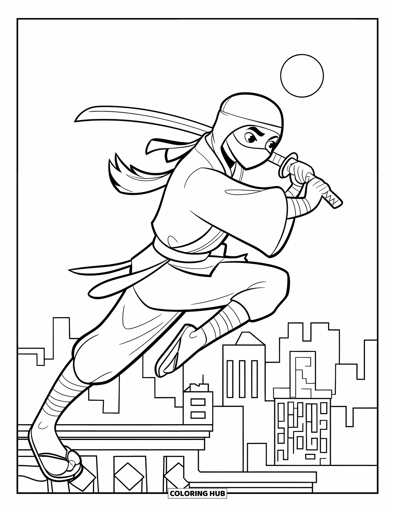 Japan Coloring Page for Kids: A ninja in a flowing robe leaps over a city skyline with the moon behind her
