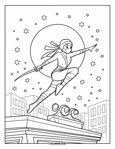 Coloriage Japon pour enfants : Un ninja s'envole au-dessus des toits, l'épée tirée, sous un ciel éclairé par la lune