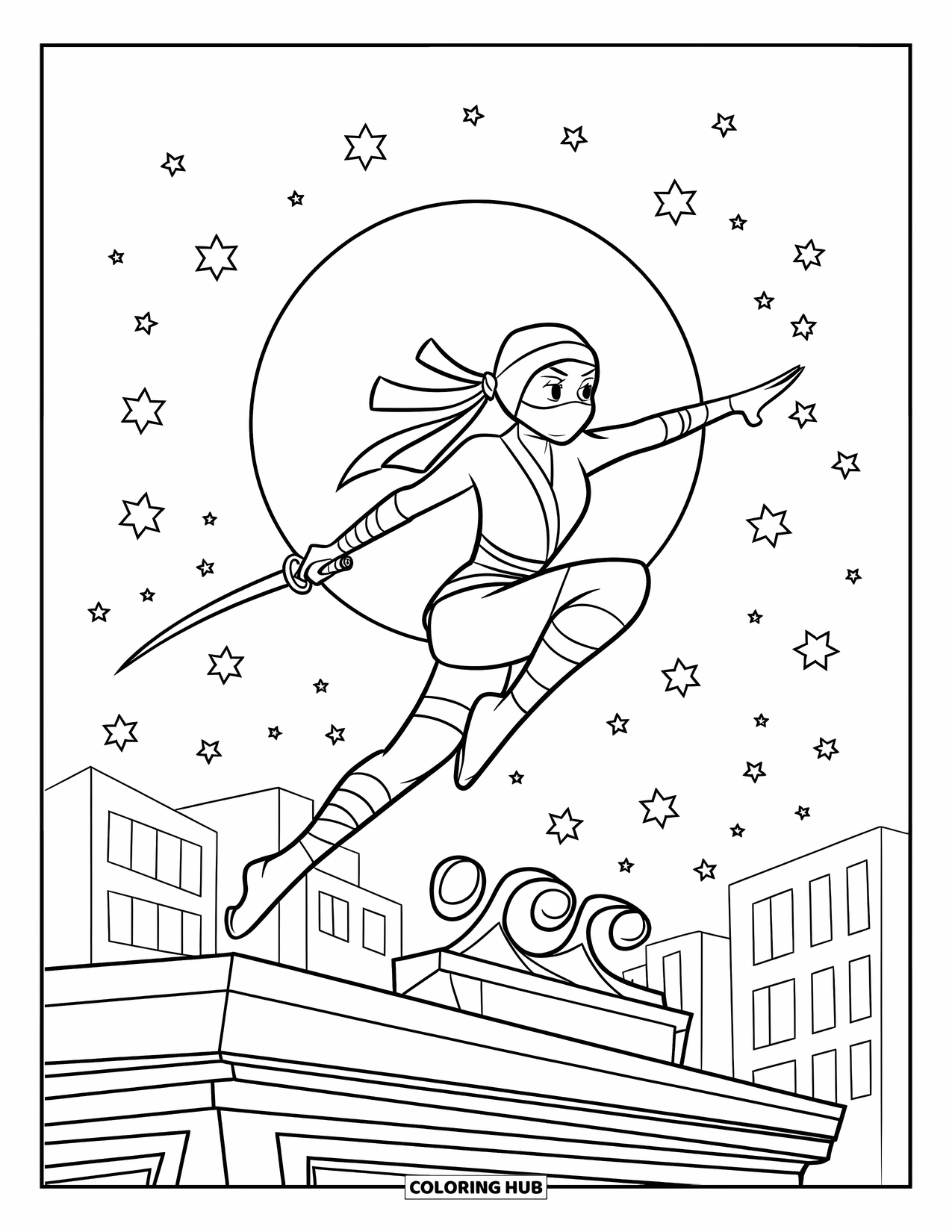 Japan Coloring Page for Kids: A ninja soars above the rooftops, sword drawn, under a moonlit sky