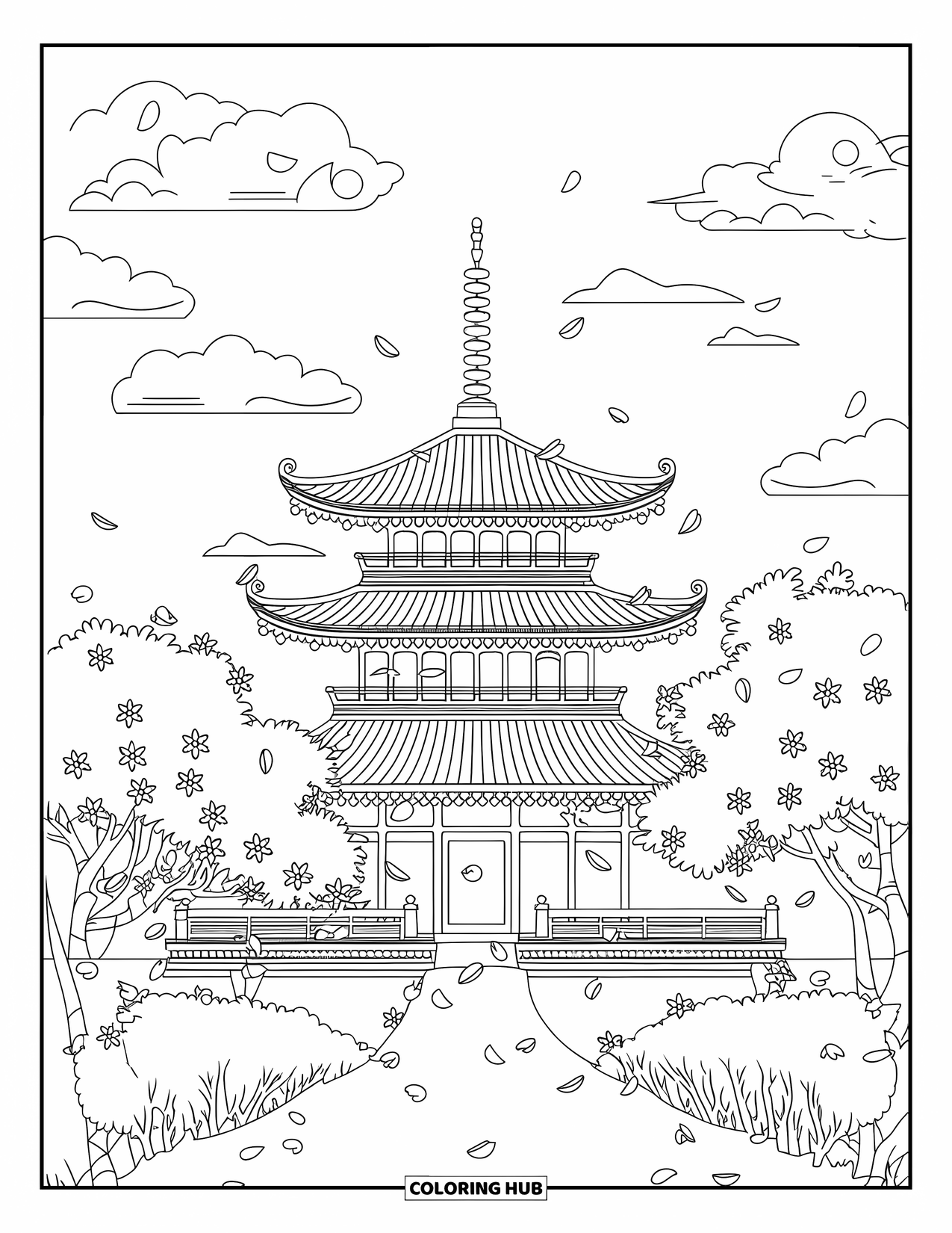 Japan Coloring Page for Kids: A pagoda rises above lush trees and a carpet of cherry blossoms in full bloom