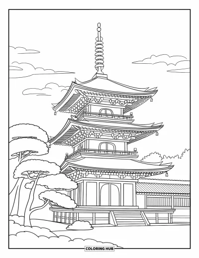Coloriage du Japon pour enfants : Une pagode aux élégantes sculptures en bois se dresse paisiblement devant un décor de collines