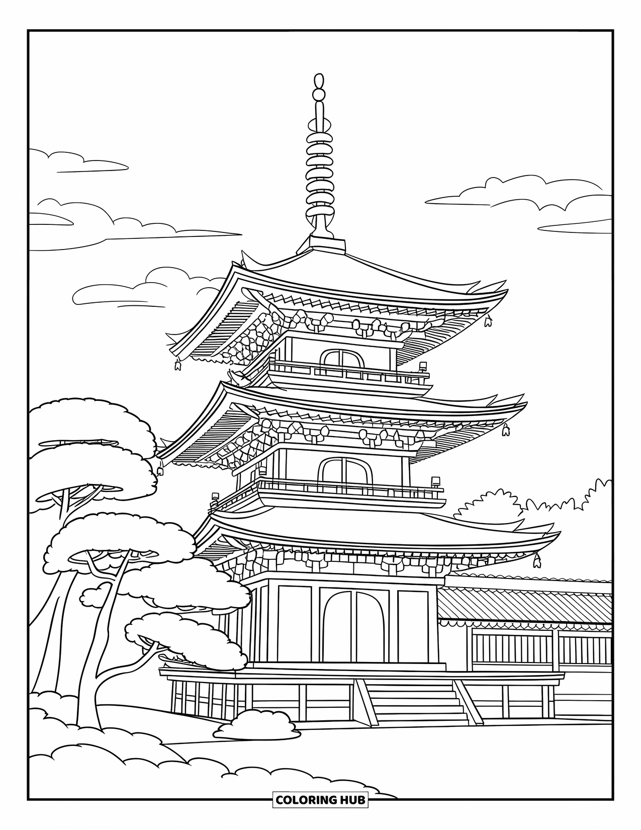 Japan Coloring Page for Kids: A pagoda with elegant wooden carvings stands peacefully against a backdrop of hills
