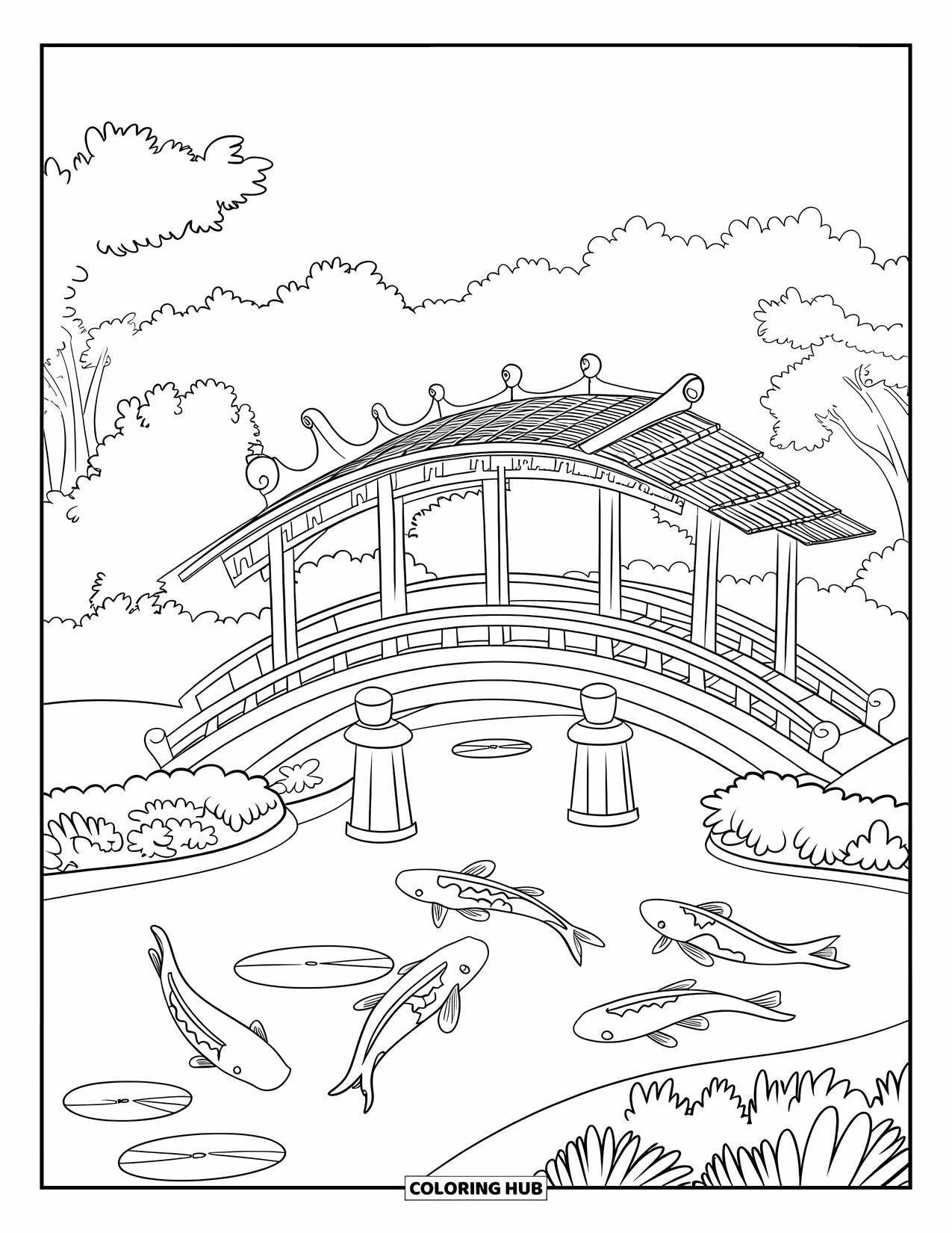 Japan Coloring Page for Kids: A peaceful pond with lily pads is framed by an elegant wooden bridge