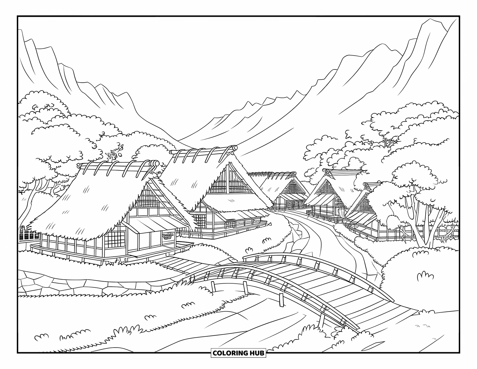 Japan Coloring Page for Kids: A peaceful village with thatched-roof houses is nestled between mountains and cherry trees