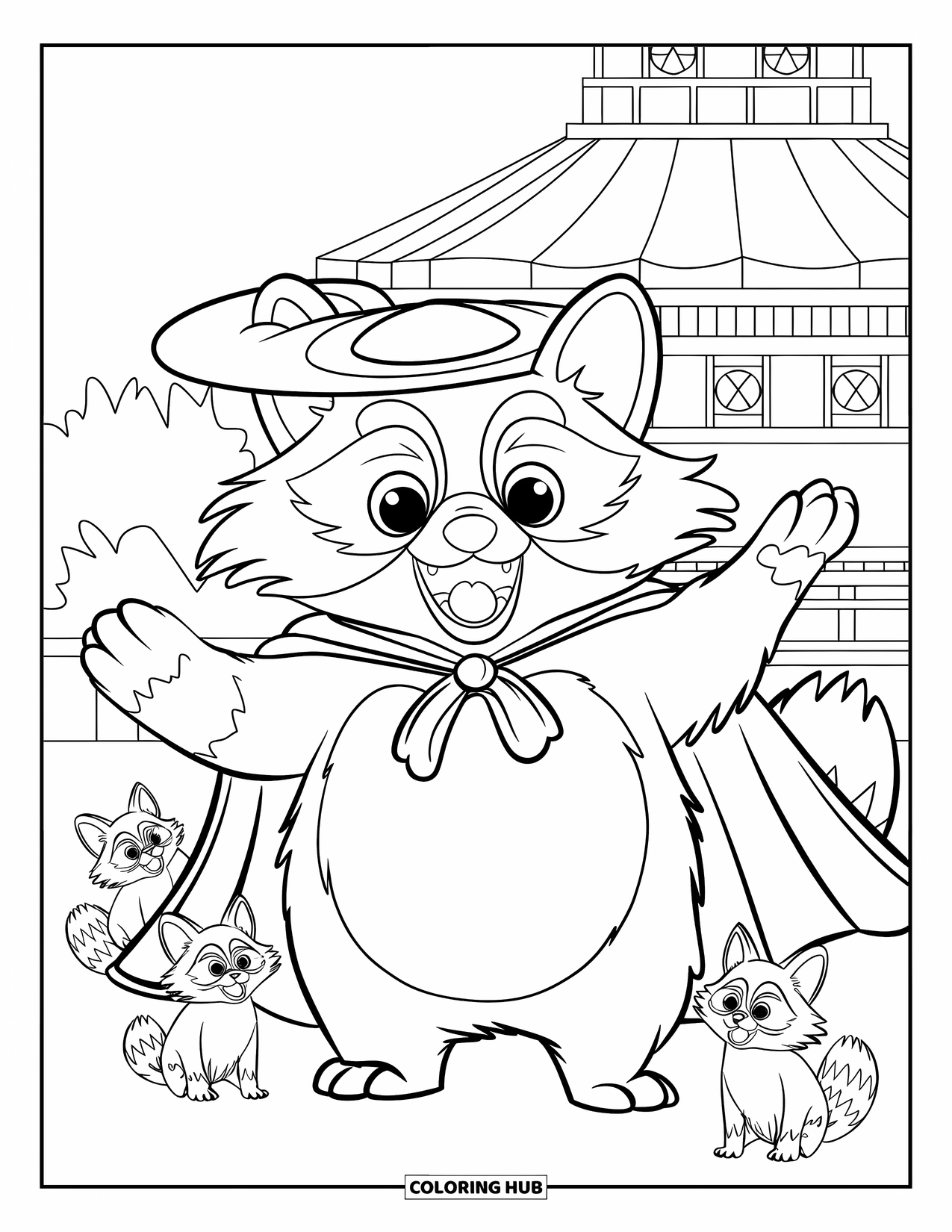 Japan Coloring Page for Kids: A plump tanuki with a mischievous grin sits beside tiny tanuki statues