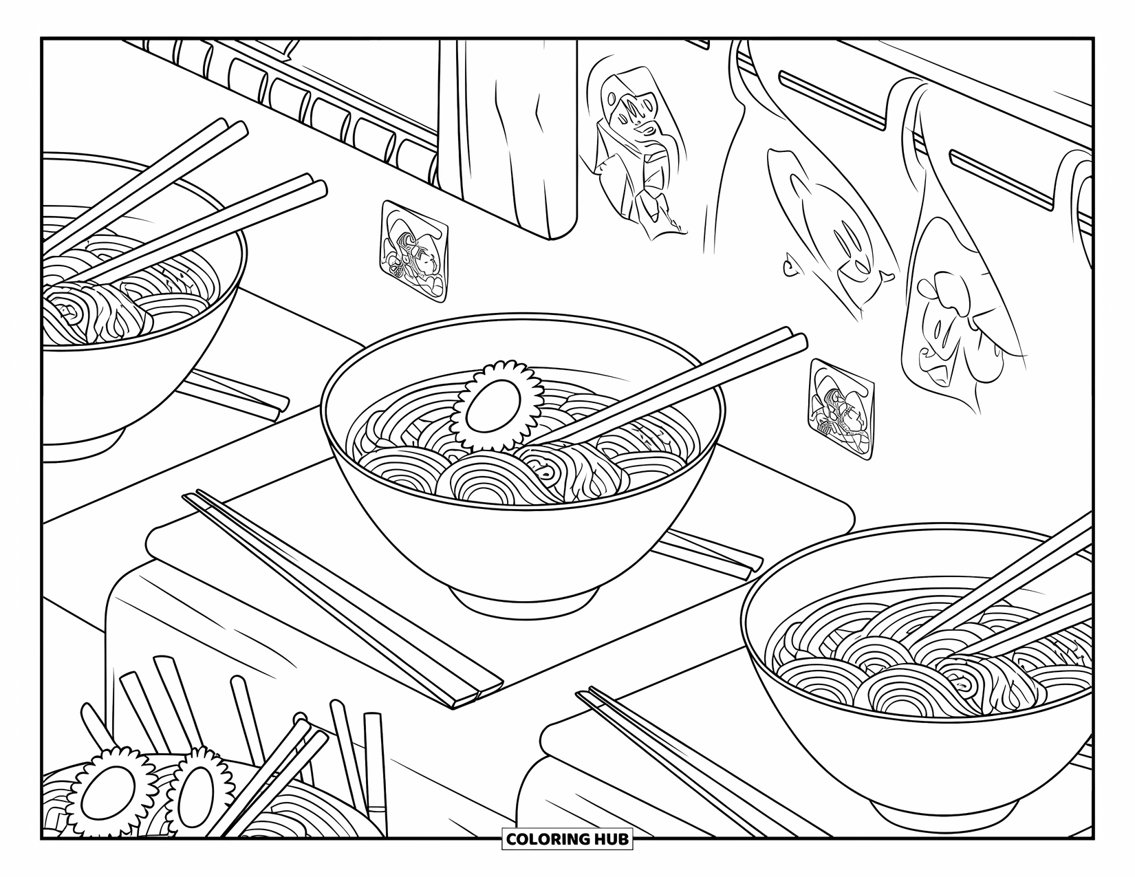 Japan Coloring Page for Kids: A ramen shop displays steaming bowls, chopsticks, and anime-style decorations on the counter