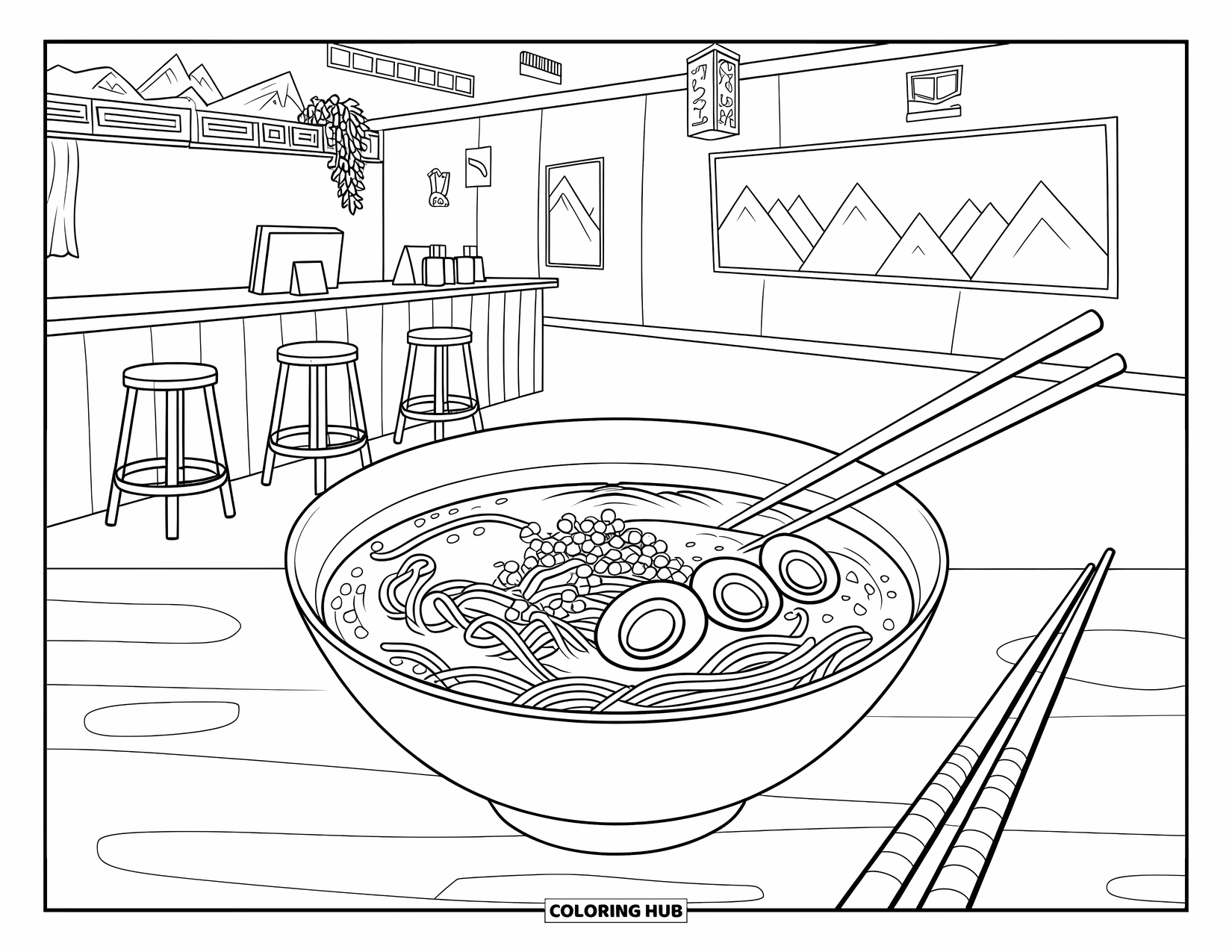 Japan Coloring Page for Kids: A ramen shop has a counter with stools, a bowl of ramen, and a decorated wooden floor