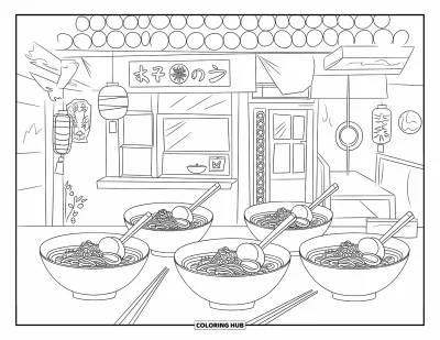 Coloriage Japon pour enfants : Un restaurant de ramen avec des lanternes et une enseigne a des bols de nouilles et des baguettes sur la table