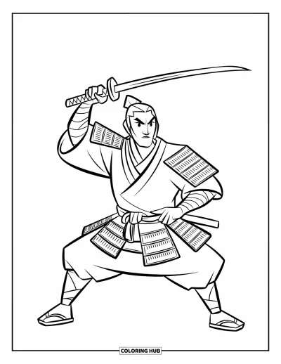 Coloriage Japon pour enfants : Un guerrier samouraï tient un katana levé, se tenant avec détermination dans son armure traditionnelle