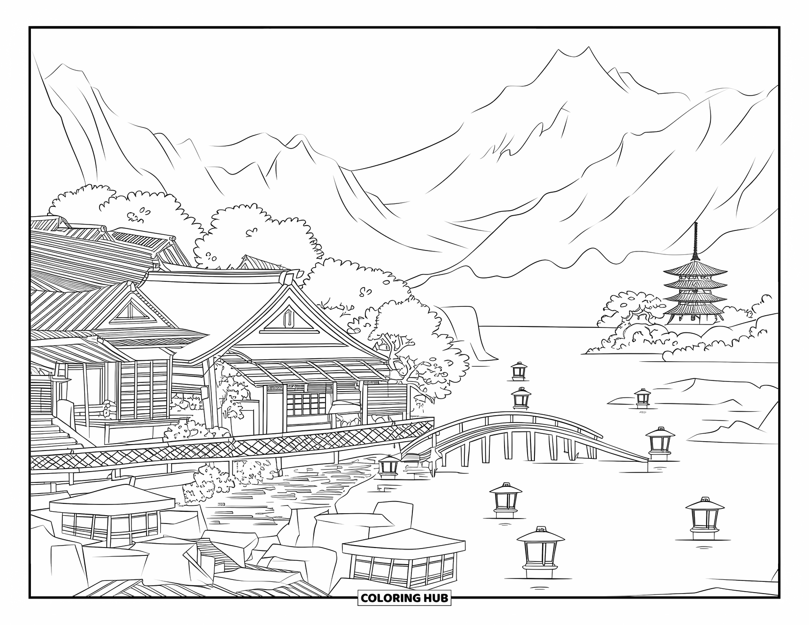 Japan Coloring Page for Kids: A serene village with sakura trees and a pagoda is surrounded by a misty lake