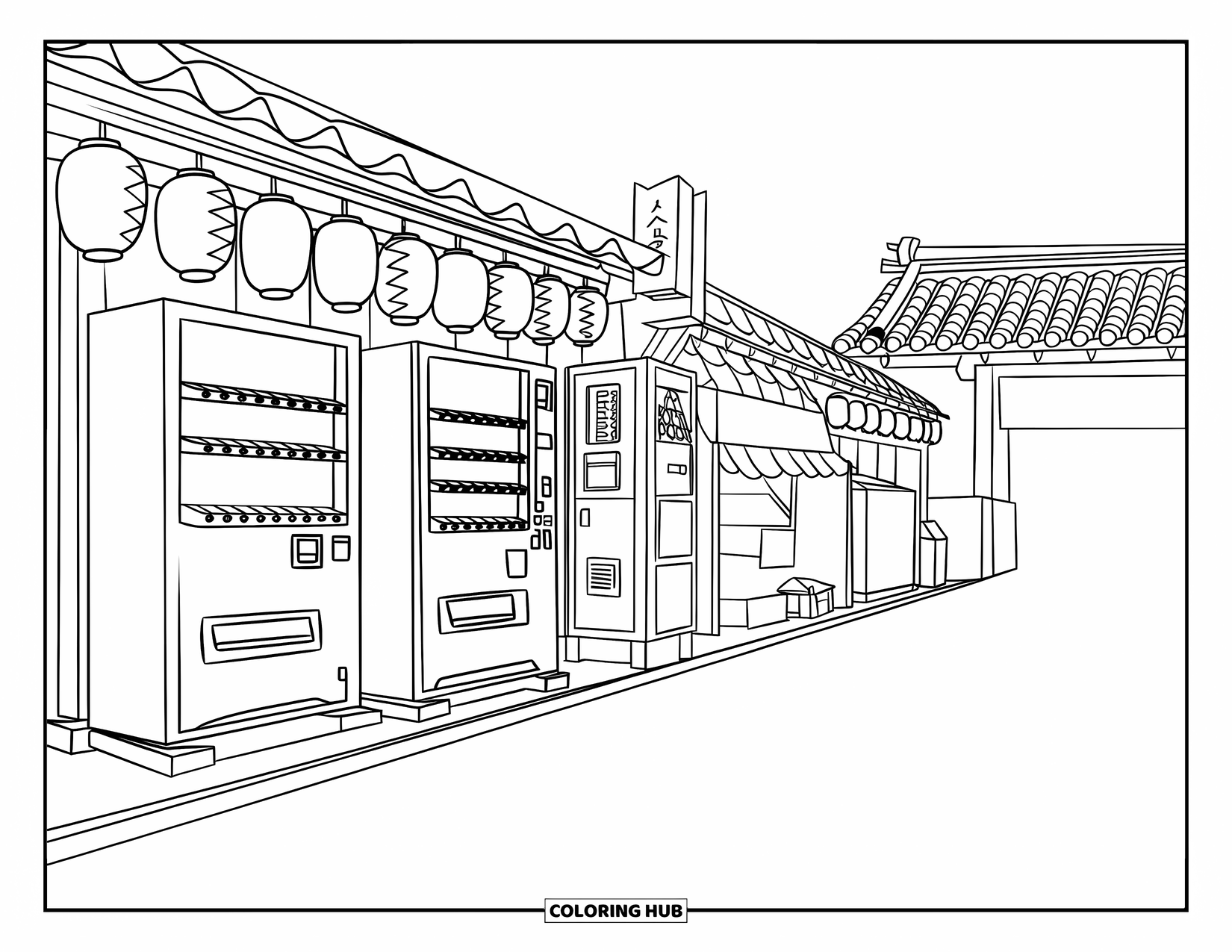 Japan Coloring Page for Kids: A simple Tokyo street has vending machines, glowing lanterns, and a traditional gate