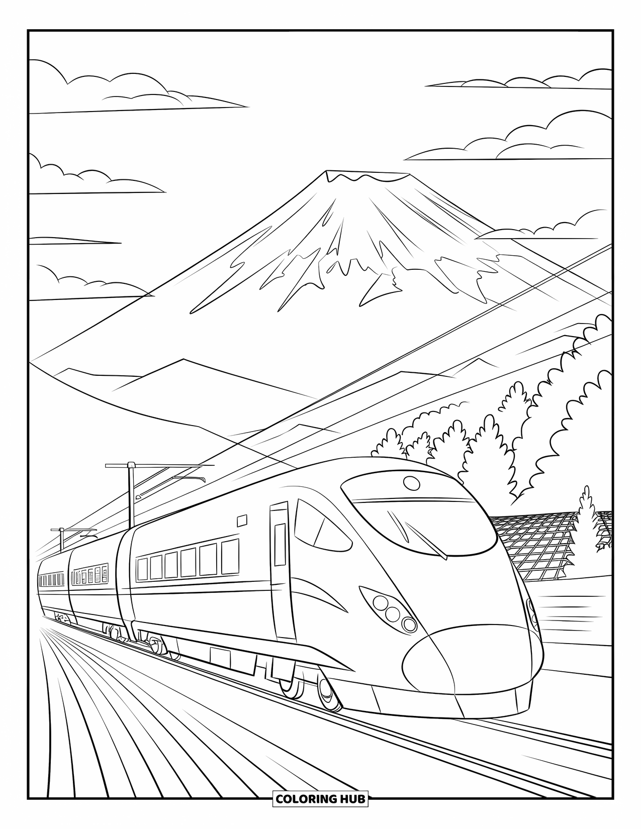 Japan Coloring Page for Kids: A sleek bullet train rushes through a scenic mountain landscape, with Mt