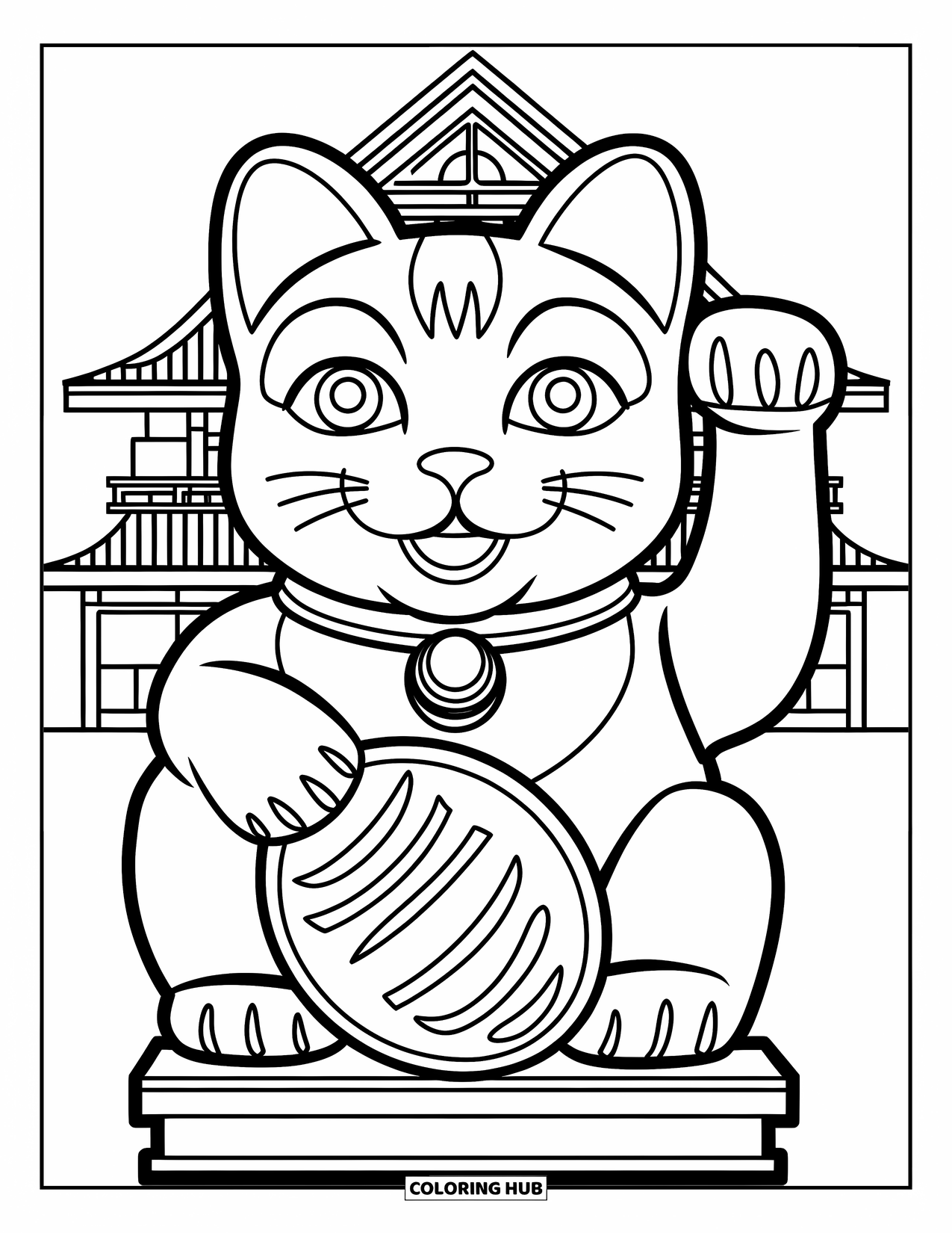 Japan Coloring Page for Kids: A smiling Maneki Neko raises its paw, welcoming good fortune