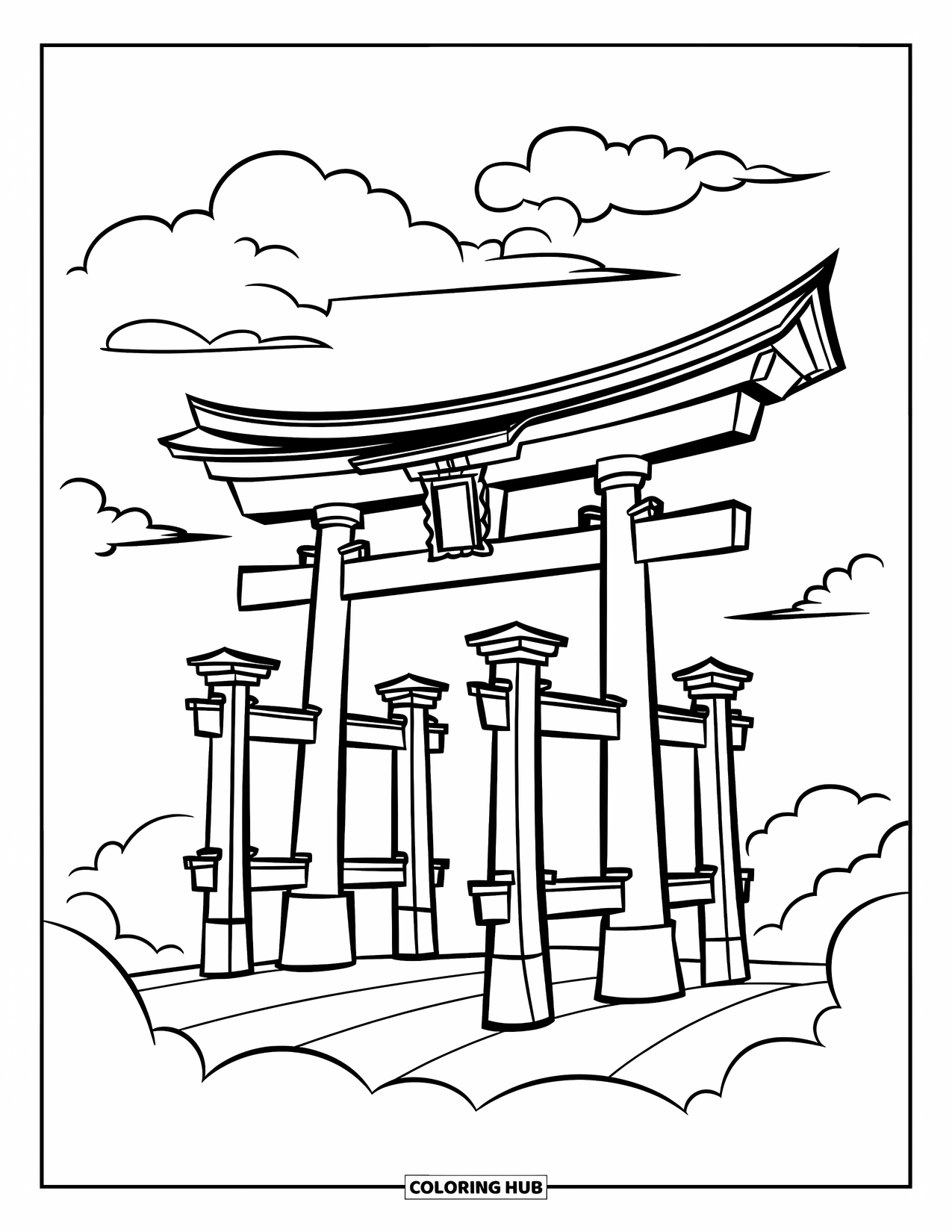 Japan Coloring Page for Kids: A torii gate with towering pillars marks the entrance to a sacred space