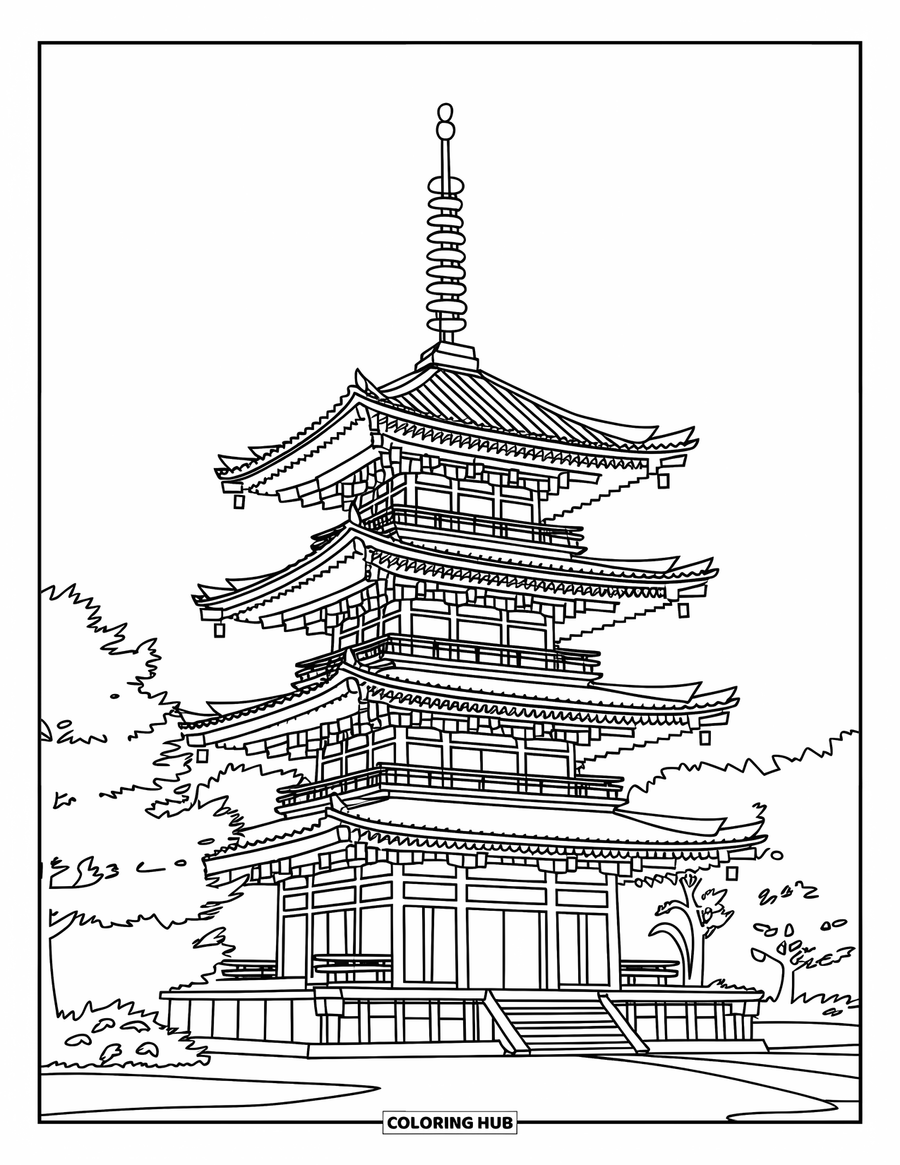 Japan Coloring Page for Kids: A towering Japanese pagoda rises among trees, its structure filled with intricate details
