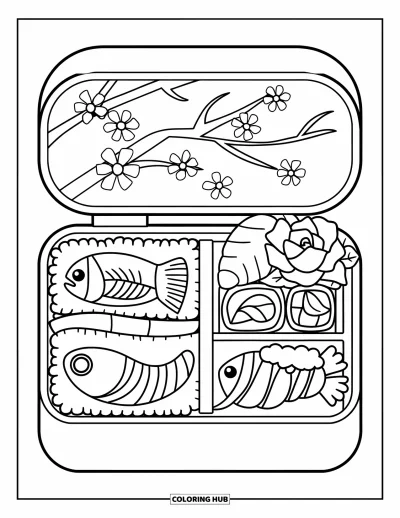 Coloriage Japon pour enfants : Une boîte à bento traditionnelle contient du riz, des rouleaux de sushi et des tempuras croustillants