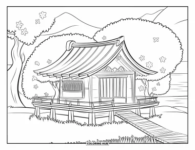 Coloriage Japon pour enfants : Une maison japonaise traditionnelle avec un porche en bois est encadrée par des fleurs de sakura roses