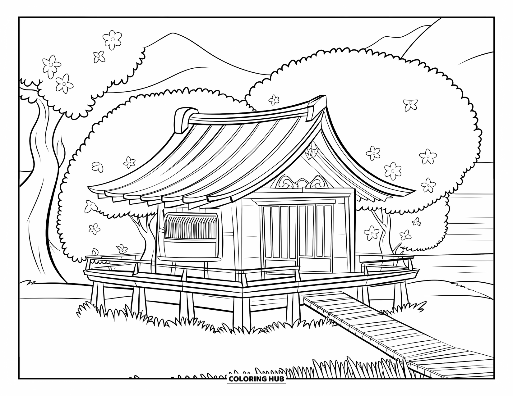 Japan Coloring Page for Kids: A traditional Japanese house with a wooden porch is framed by pink sakura blossoms