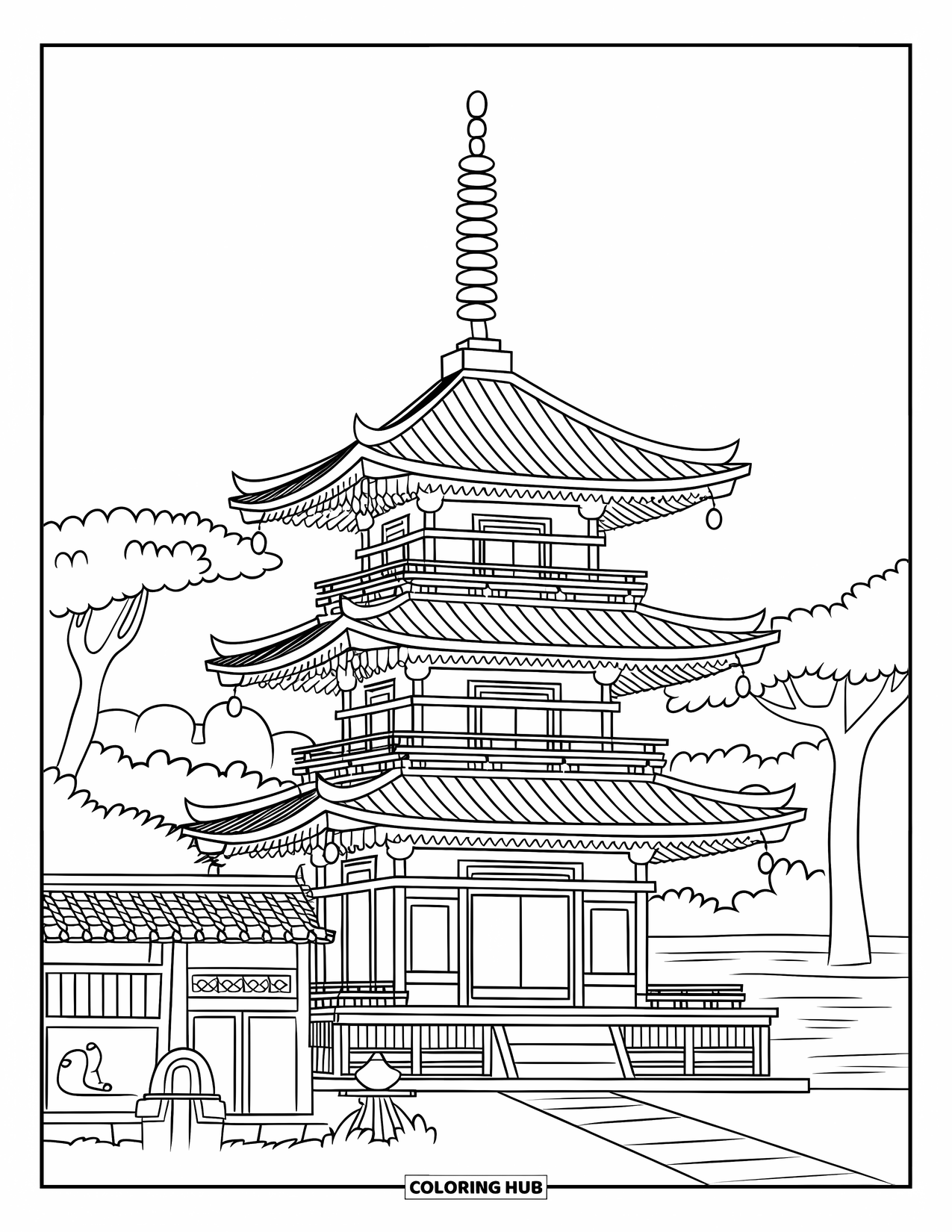 Japan Coloring Page for Kids: A traditional Japanese pagoda with layered roofs is nestled among leafy trees