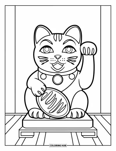 Coloriage Japon pour enfants : Une statue traditionnelle de Maneki Neko est assise fièrement, tenant une pièce d'or dans ses pattes
